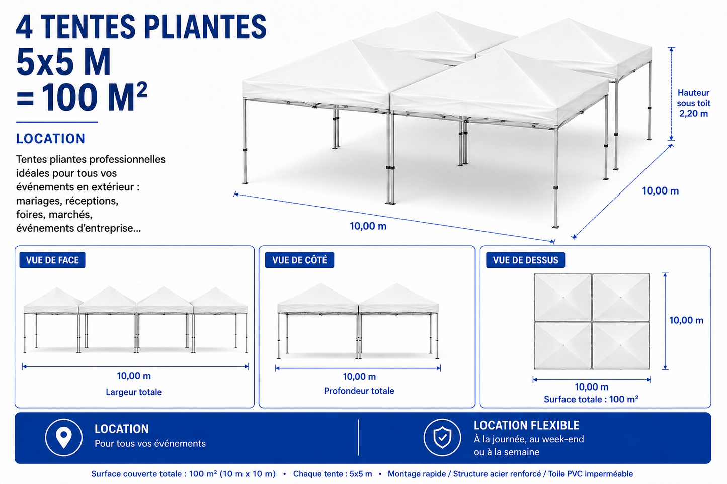 Tente pliante professionnelle - 5x5m (25 m², 50 m², 75 m²...)