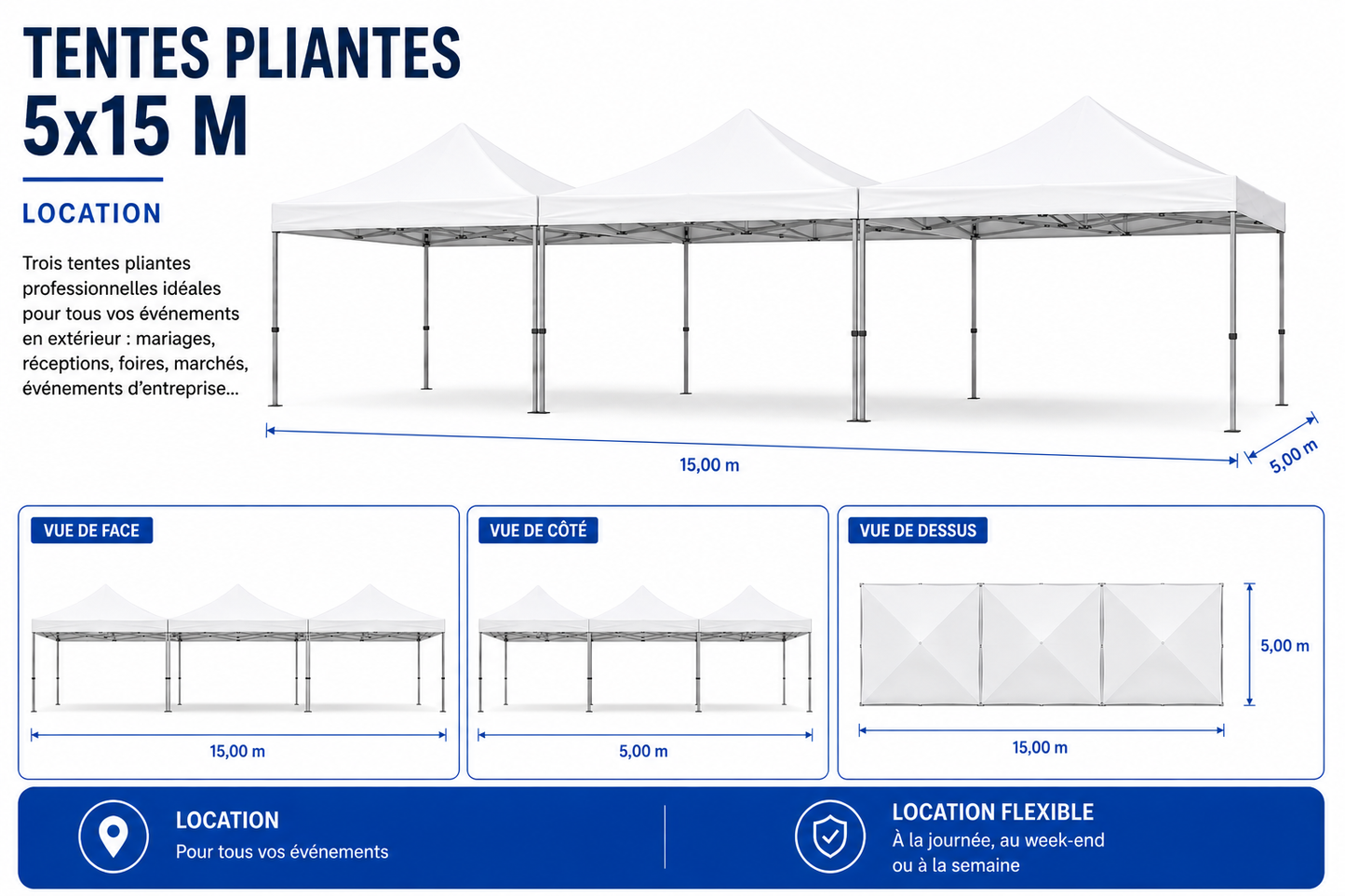 Tente pliante professionnelle - 5x5m (25 m², 50 m², 75 m²...)