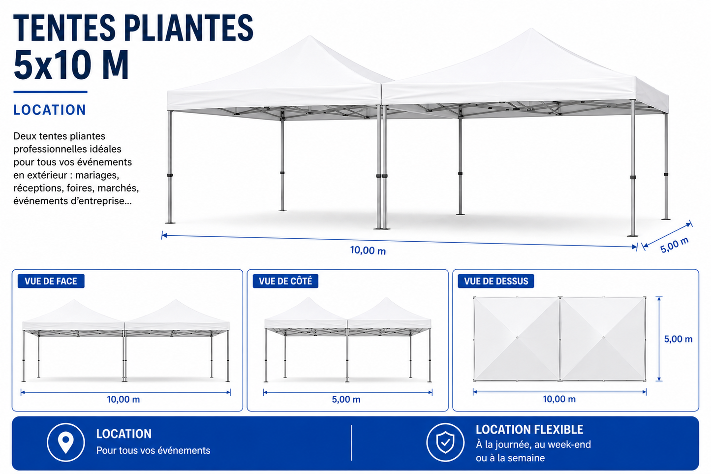Tente pliante professionnelle - 5x5m (25 m², 50 m², 75 m²...)